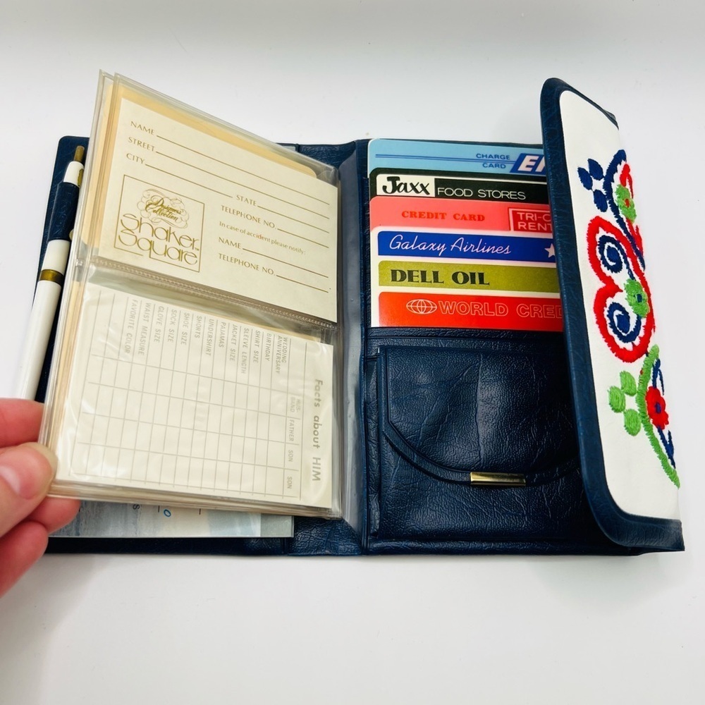 Vintage Shaker Square Embroidered Checkbook Wallet Navy Vinyl NOS - Picture 6 of 7